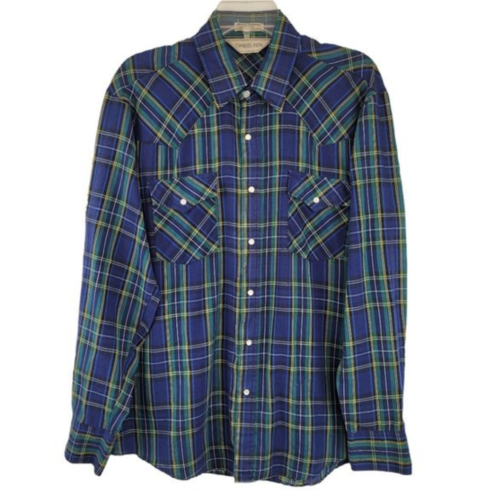 Vintage Timber Run Western Mens‎ Size Large Blue Plaid Flannel Pearl Snap Shirt